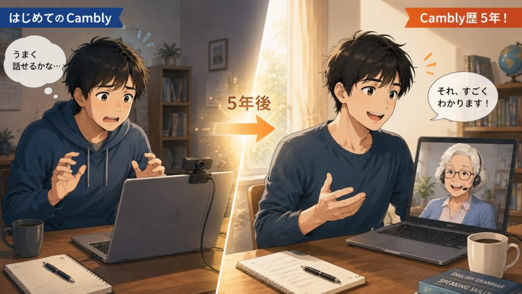 オンライン英会話を始めたばかりと5年後の成長した大学生