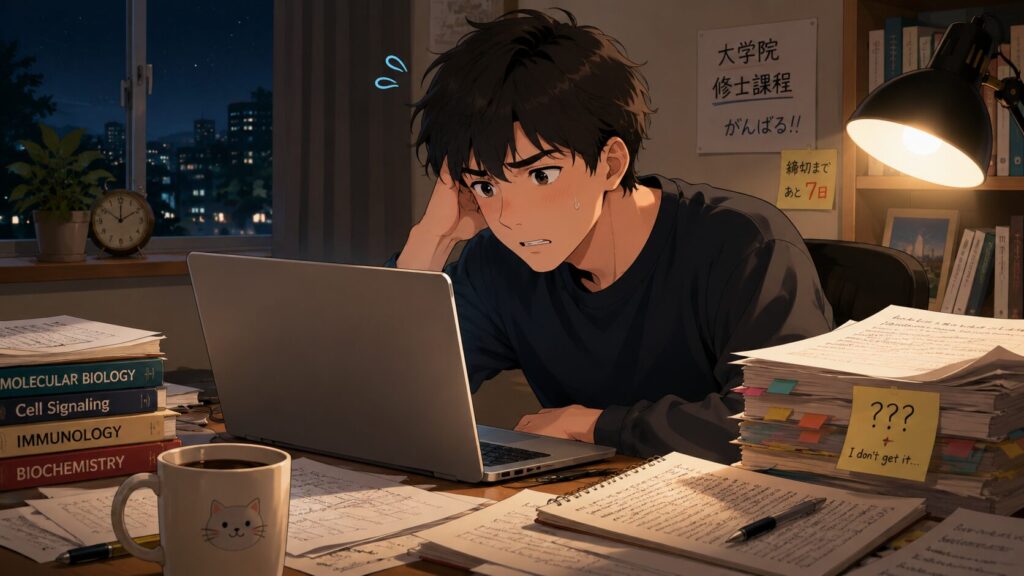 夜遅くに勉強している大学生