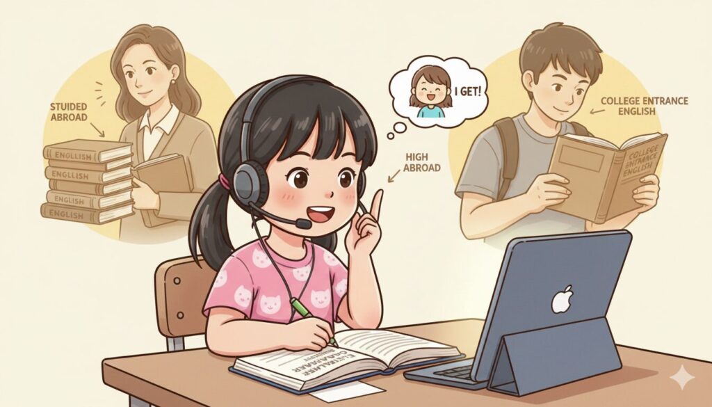 英語学習していた女性、受験勉強していた大学生、オンライン英会話している女の子