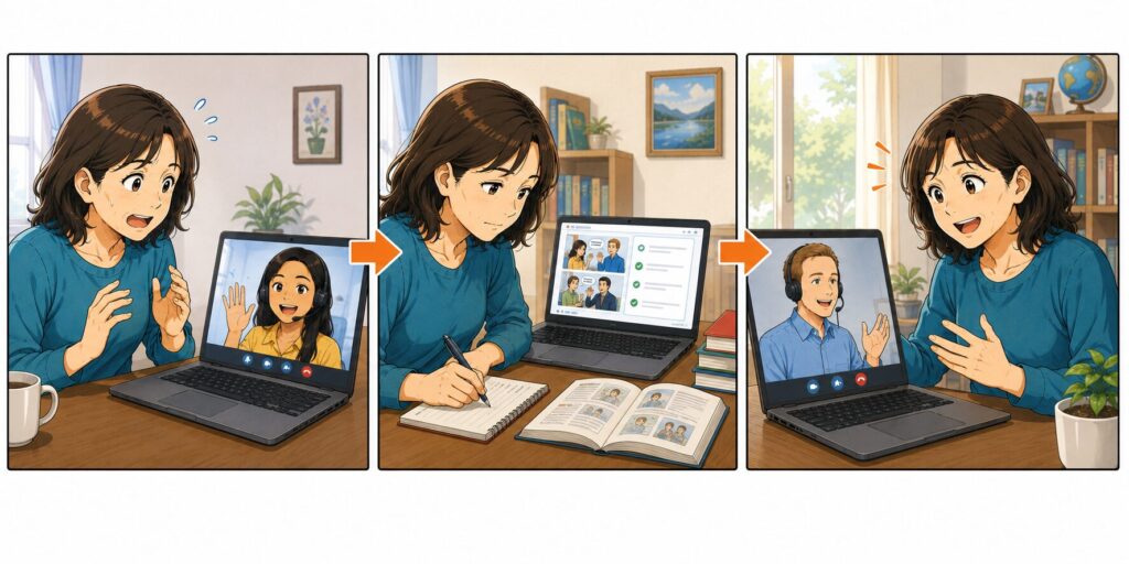 まずフィリピン人講師に習って、最後にネイティブとレッスンしている50代女性