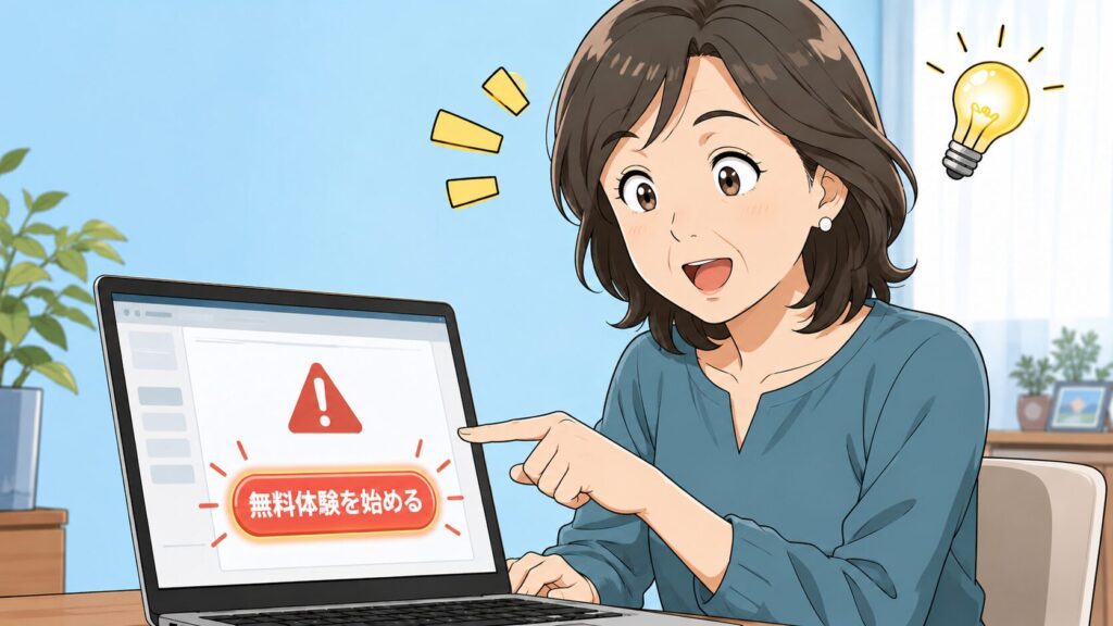 パソコンの無料体験を始めるボタンを押そうとする50代女性