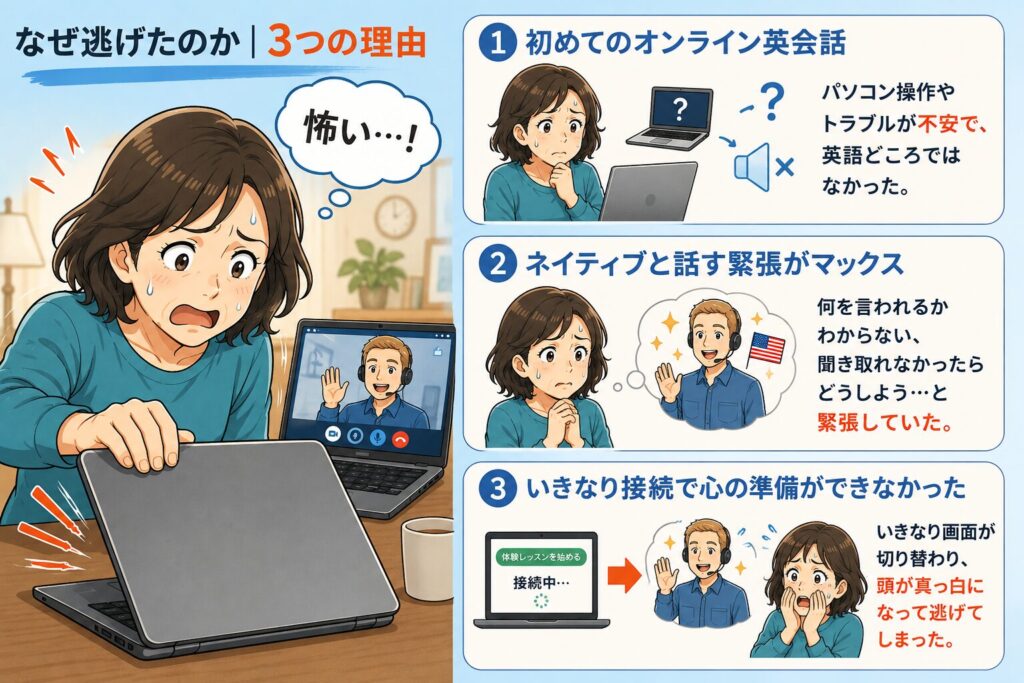 オンライン英会話で失敗して焦っている50代女性
